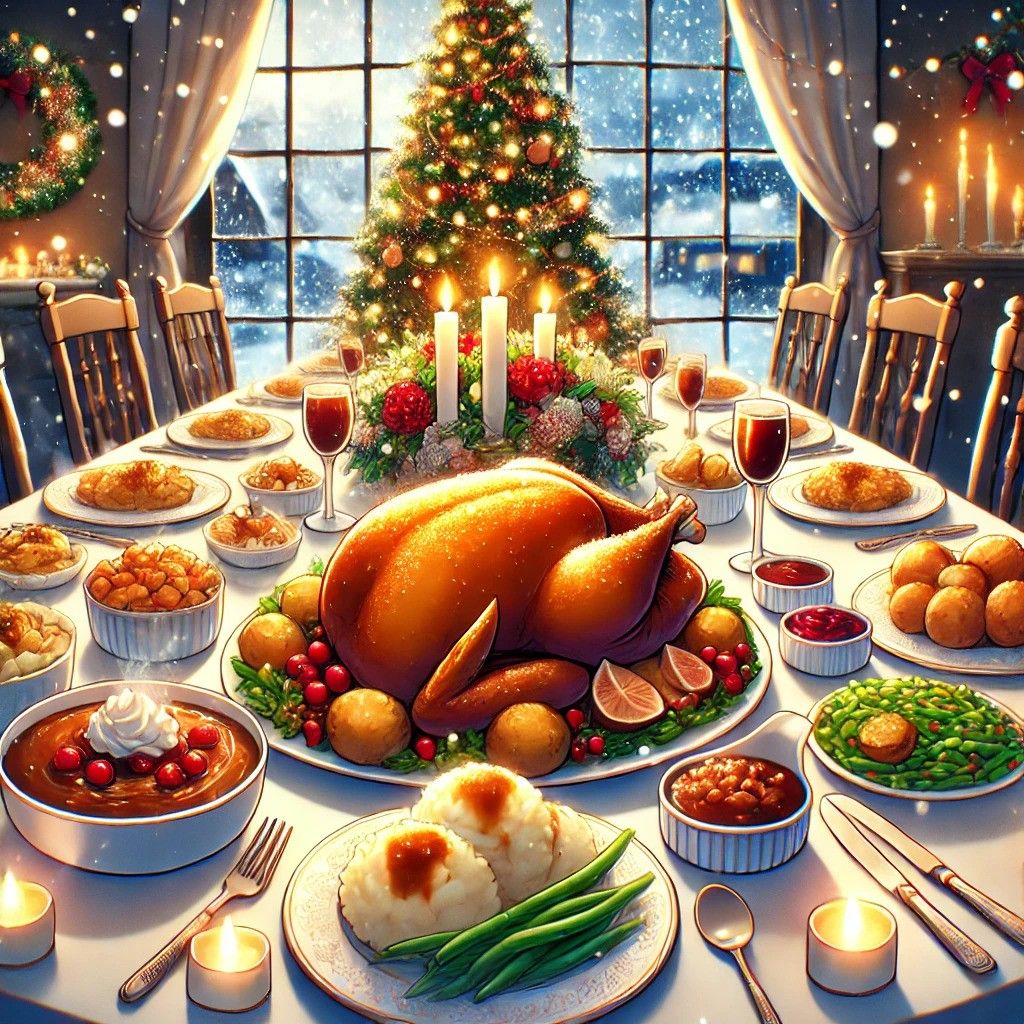 A festive anime-style illustration of a Christmas dinner table covered with a variety of delicious holiday foods. There is a golden-brown roasted turkey.